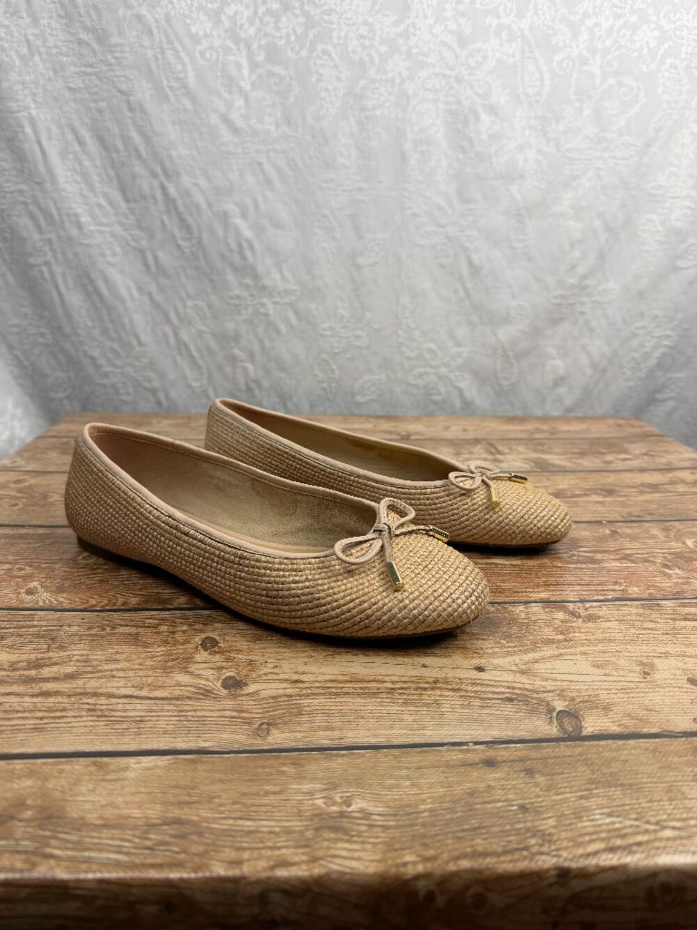 Talbots Women’s Size 7 Woven Raffia Ballet Flats Bow Beige Tan
